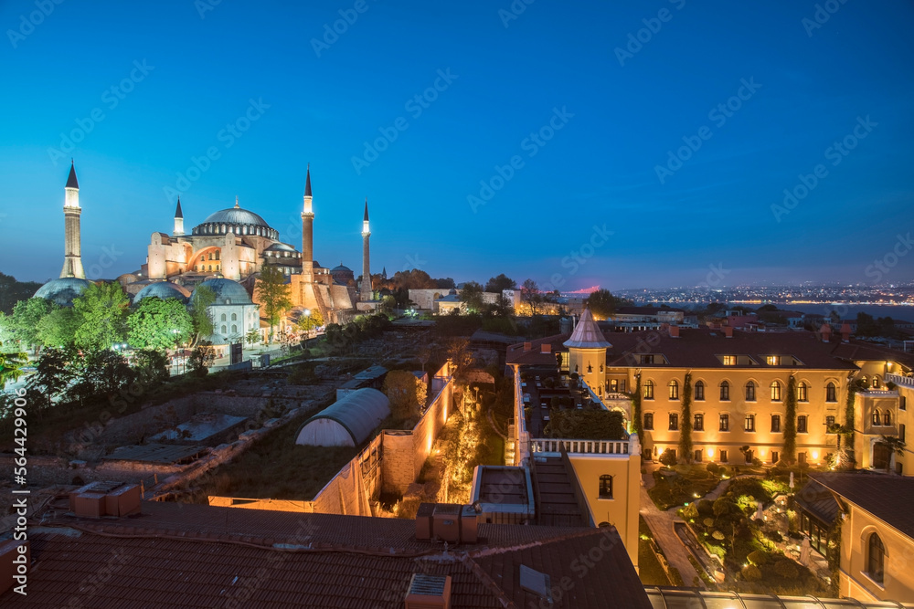 Hagia Sofia at night with the four seasons hotel on the right