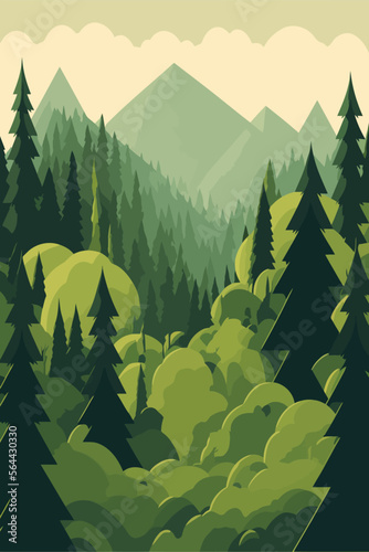landscape green forest, pine trees in wilderness of a national park vector illustration