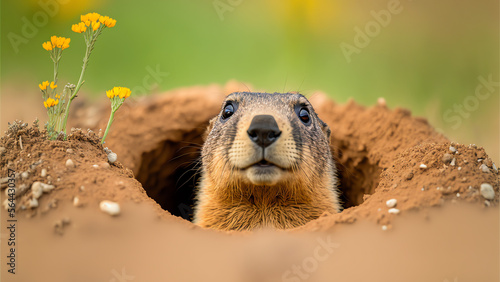 Groundhog Peeking out of Burrow Hole, Groundhog Day Concept, Social Media Banner, Generative AI photo