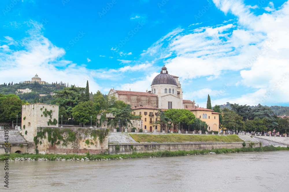 Beautiful view of the Church of San Giorgio on the Adige River in Verona, Italy