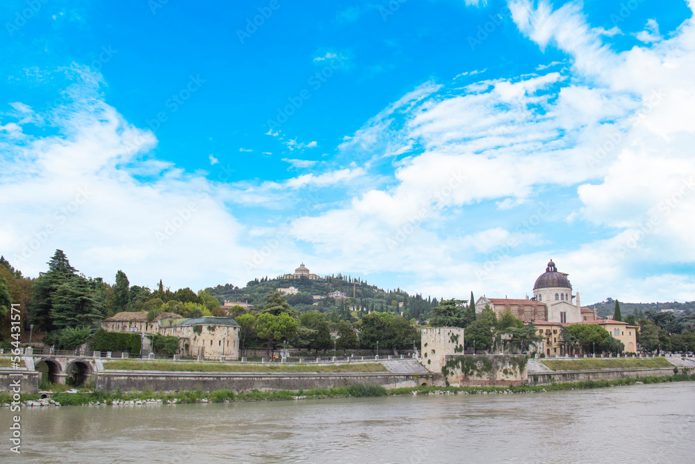 Beautiful view of the Church of San Giorgio on the Adige River in Verona, Italy