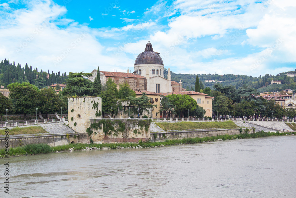 Beautiful view of the Church of San Giorgio on the Adige River in Verona, Italy