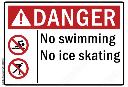 Ice warning sign and labels no swimming no ice skating