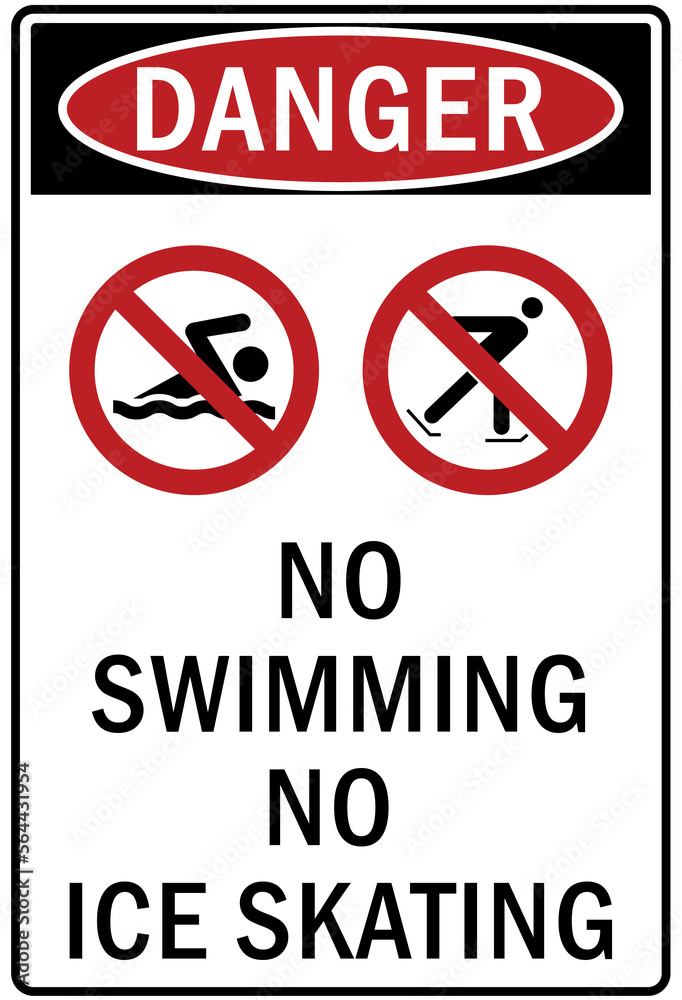 Ice warning sign and labels no swimming no ice skating Ice warning sign and labels no swimming no ice skating