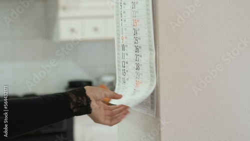 Wife woman use paper calendar for date planning at home, organize important events and appointments