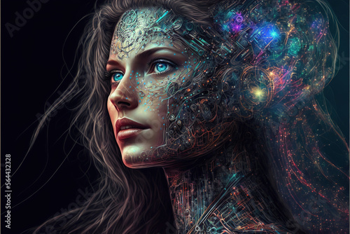 Humanoid robot with artificial intelligence, futuristic fictional young woman android, generative AI.