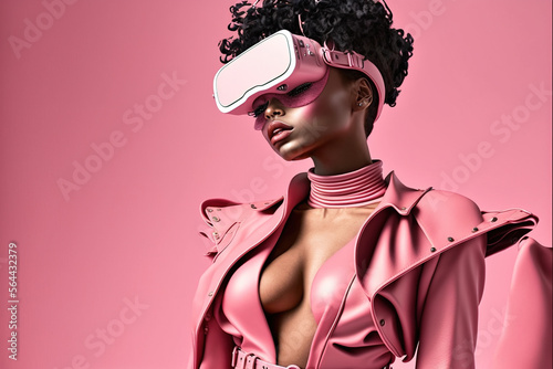 Sexy woman wearing VR glasses, futuristic fashion style, generative AI.