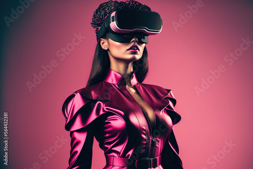 Sexy woman wearing VR glasses, futuristic fashion style, generative AI