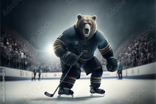 Hockey, big brown grizzly bear wearing a jersey and hockey equipment, a serious character on ice skates at the arena is playing his position well. Image created with generative ai photo