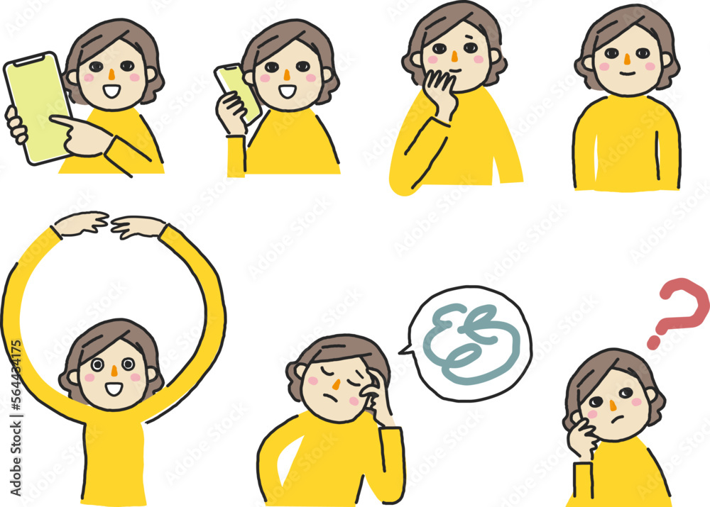 様々な表情のミドルの女性　表情集　セット　イラスト素材
