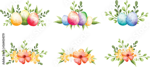 Watercolor Illustration set of Easter egg and flower wreath