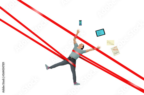 A man working on a project with his tablet, phone and paperwork is strapped down by red tape in this 3-d illustration about bureaucracy slowing things down.