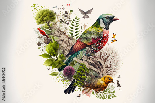 a colorful bird sitting on top of a tree, biodiversity illustration  photo