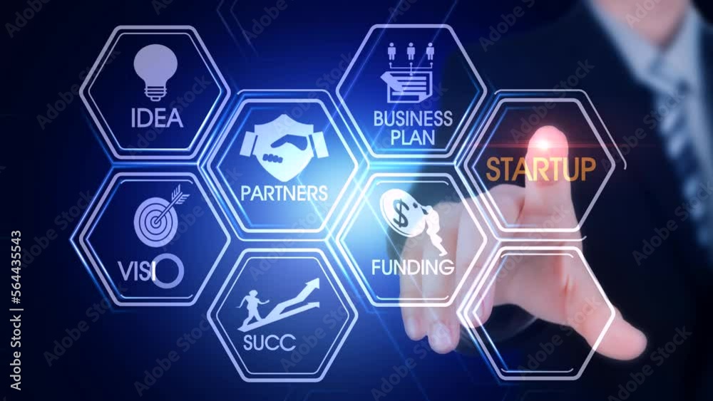 Start_up Hexagonal virtual Touch Screen Concept with man touching screen with finger and light streak Start_up Hexagonal virtual Touch Screen Concept with man touching screen with finger and light streak