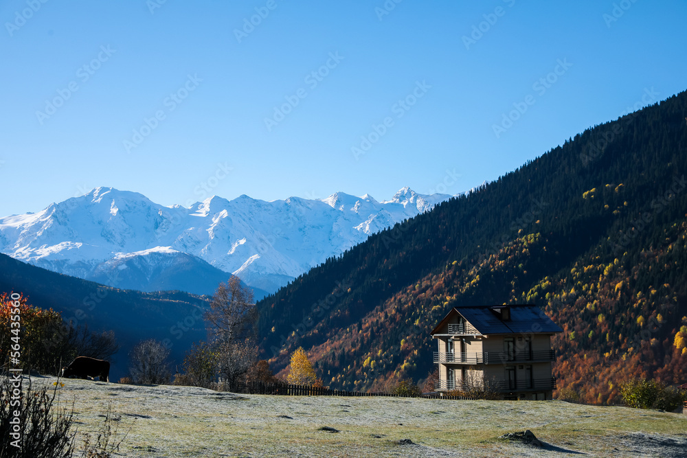 Picturesque view of beautiful high mountains under blue sky on sunny day