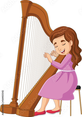 Cartoon little girl playing harp
