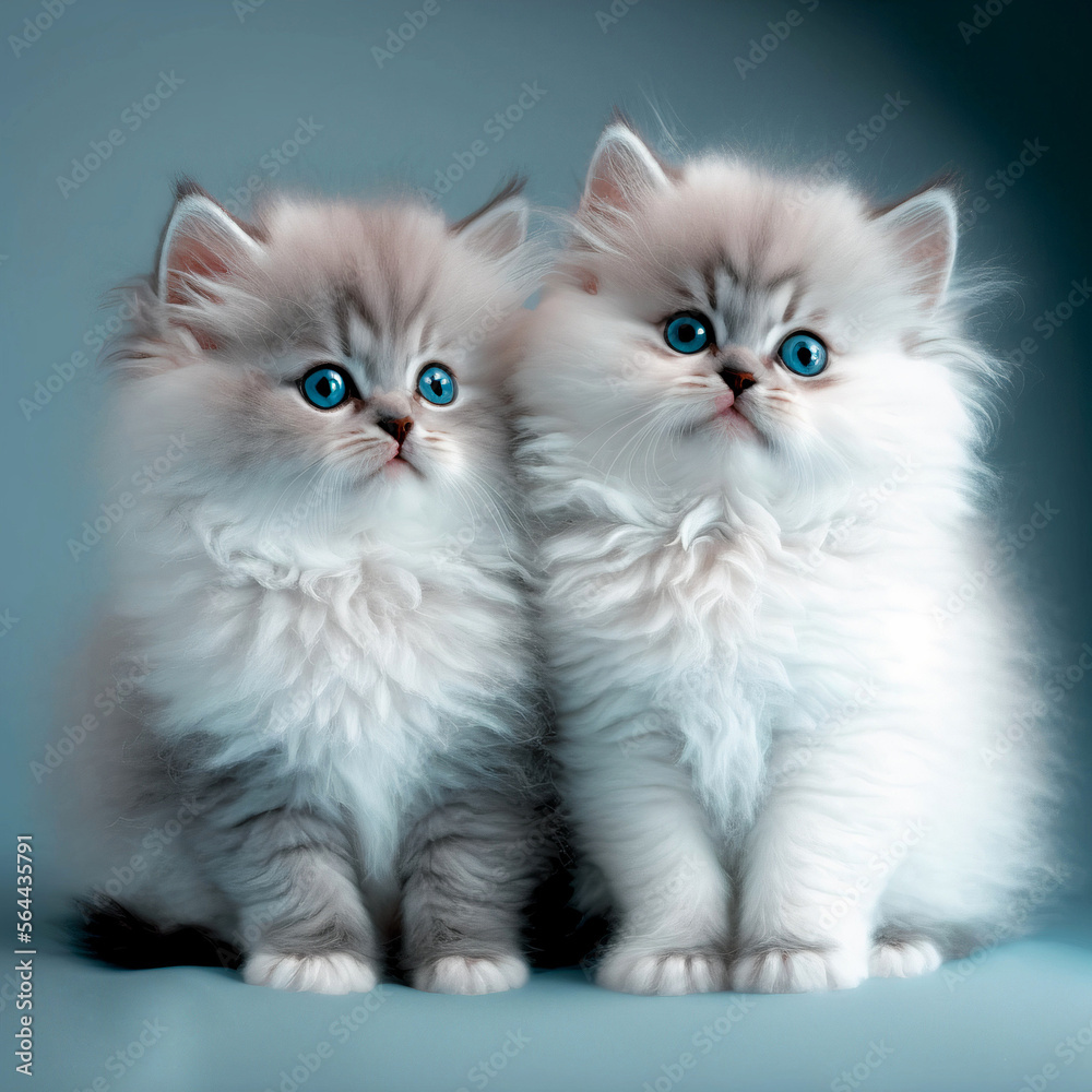 two persian white fluffy and lovely kittens with blue eyes on blue background. two persian white fluffy and lovely kittens with blue eyes on blue background.
