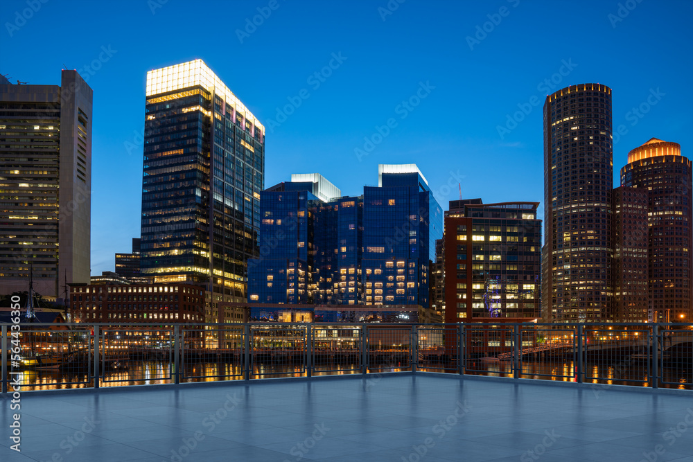 Fototapeta premium Skyscrapers Cityscape Downtown, Boston Skyline Buildings. Beautiful Real Estate. Night time. Empty rooftop View. Success concept.