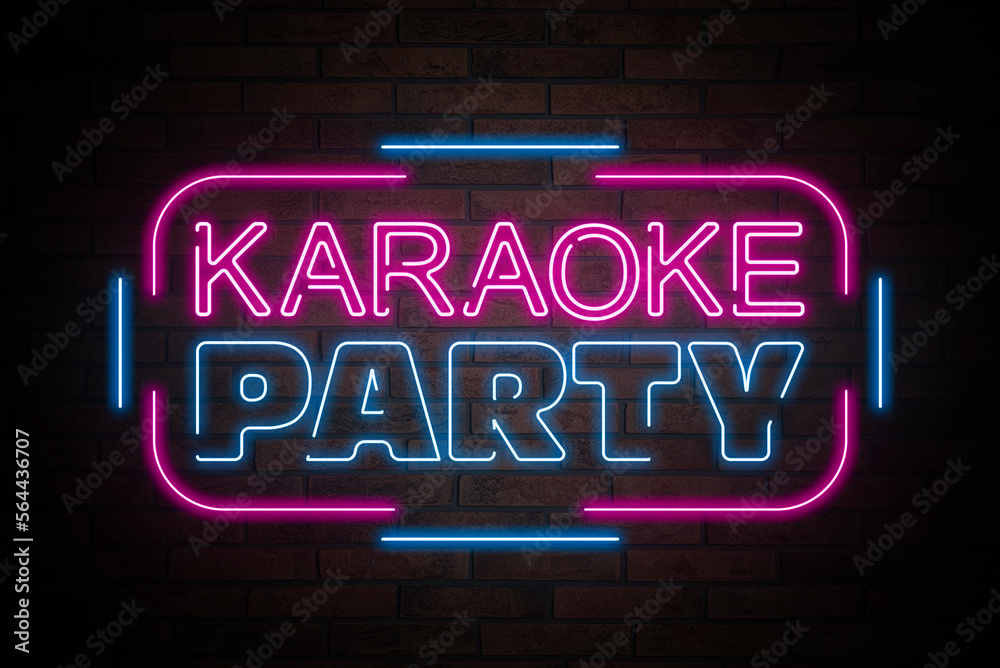Glowing neon sign with words Karaoke Party on brick wall Glowing neon sign with words Karaoke Party on brick wall