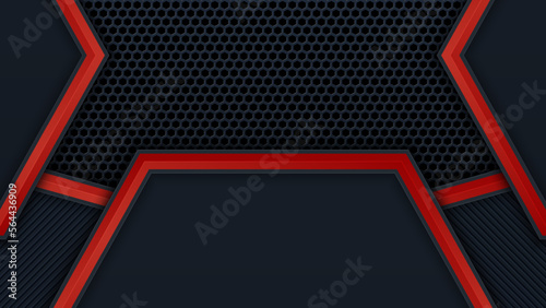 Abstract black and red polygon with red glow lines on dark steel mesh background with free space for design. modern technology innovation concept background