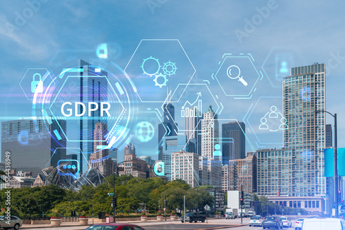 Chicago skyline from Butler Field towards financial district skyscrapers, day time, Illinois, USA. Parks and gardens. GDPR hologram, concept of data protection regulation and privacy for individuals