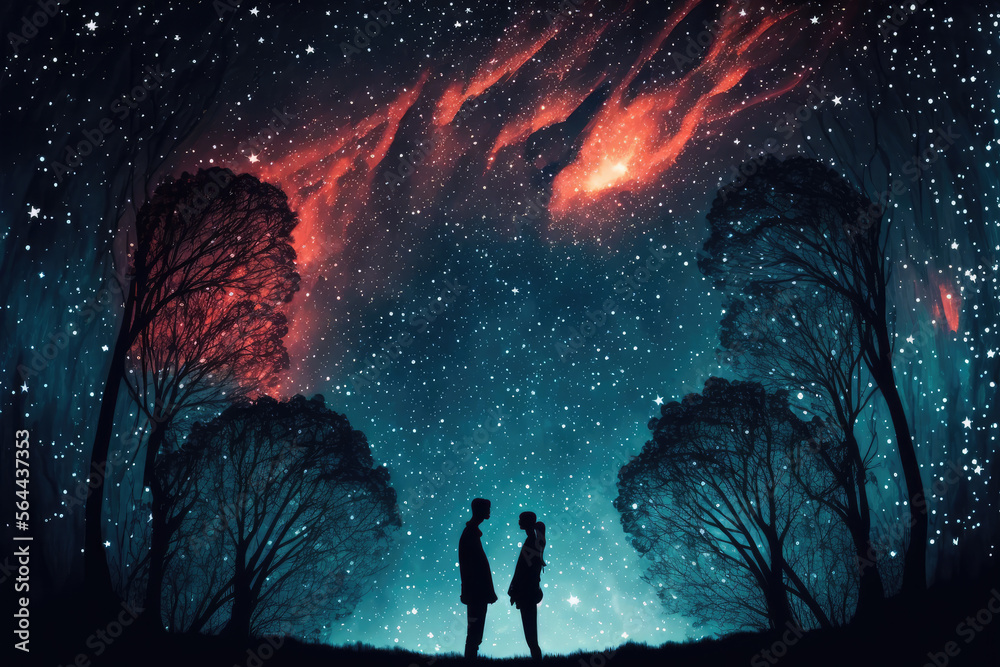 Obraz premium Romantic couple under a starry sky, holding hands and looking into each other's eyes, generative ai