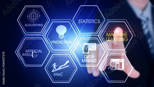 Machine_learning Hexagonal Touch Screen Concept Hexagonal virtual Touch Screen Concept with man touching screen with finger and light streak