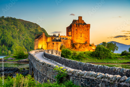 Eilean Donan Castle at sunset in Scotland