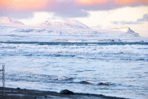 Icelandic Fjords During Sunset. Ocean Coast With Snowy Mountains and Orange Clouds. Winter Landscape