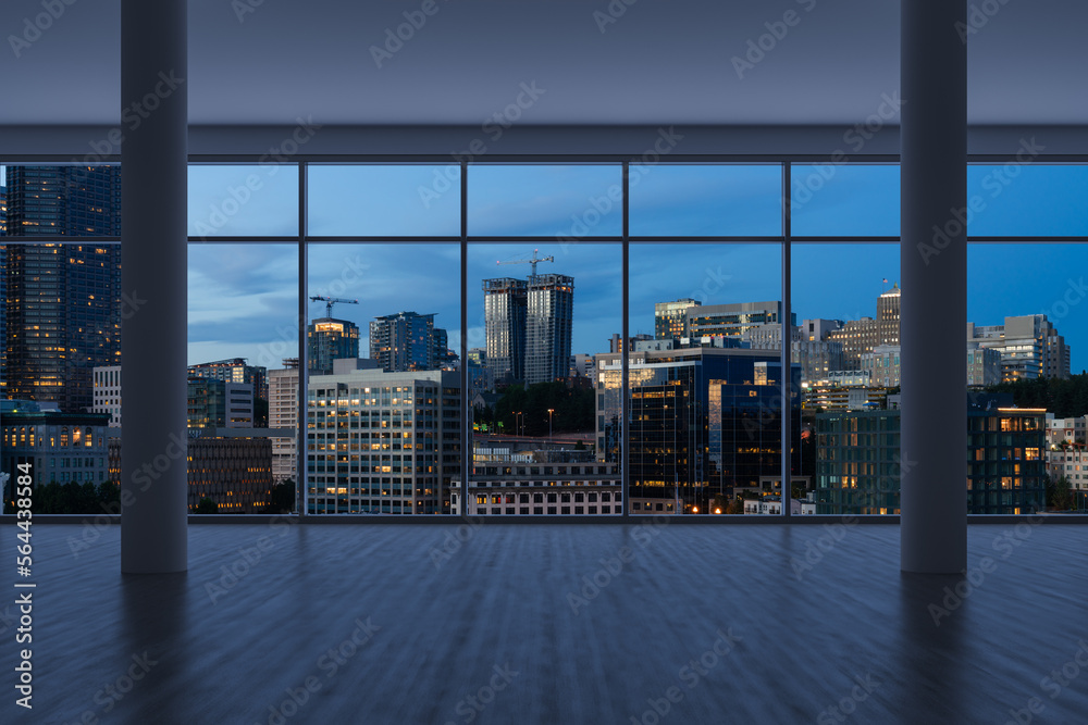 Fototapeta premium Empty room Interior Skyscrapers View. Cityscape Downtown Seattle City Skyline Buildings from High Rise Window. Beautiful Real Estate. Night time. 3d rendering.