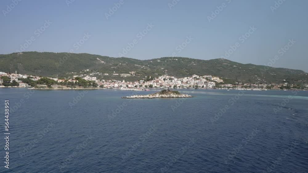 Onboard ferry shot leaving port, Skiathos Town, Skiathos Island, Sporades Islands, Greek Islands