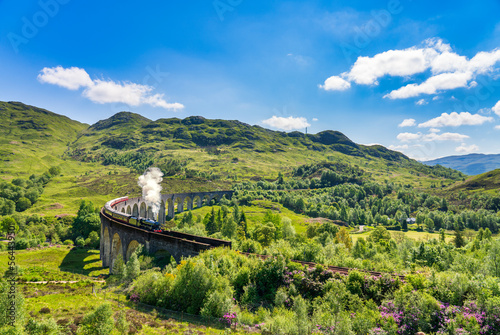 Fototapeta Naklejka Na Ścianę i Meble -  Glenfinnan Railway Viaduct in Scotland with the steam train passing over