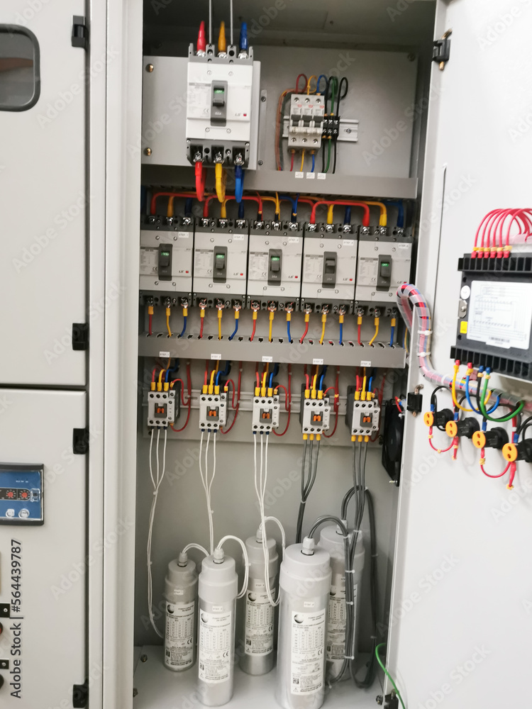 Photo of capacitor bank connection in electrical Stock Photo