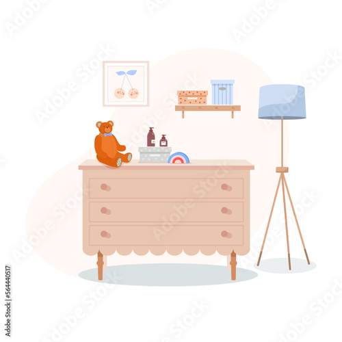 Wooden chest of drawers with storage boxes in children's bedroom against background of  wall, picture and hanging shelf. Teddy bear, body cream and floor lamp. Baby care. Vector illustration. 