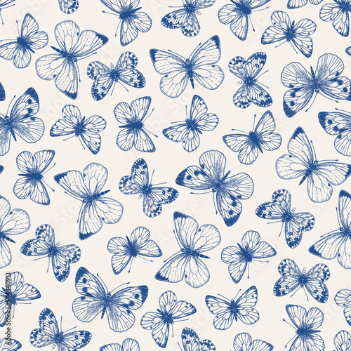 Photography Seamless pattern with butterflies. Blue.