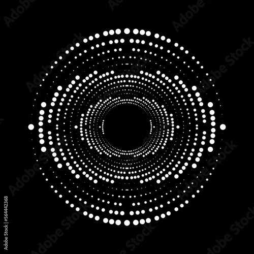 Abstract white halftone dots in circle form. Segmented circle. Helix. Geometric art. Circular shape. Trendy design element for border frame, round logo, tattoo, sign, symbol, web pages, print