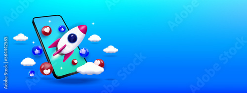 3D Conceptual Vector Illustration and Digital Marketing, Advertising Campaign with Rocket and smartphone.