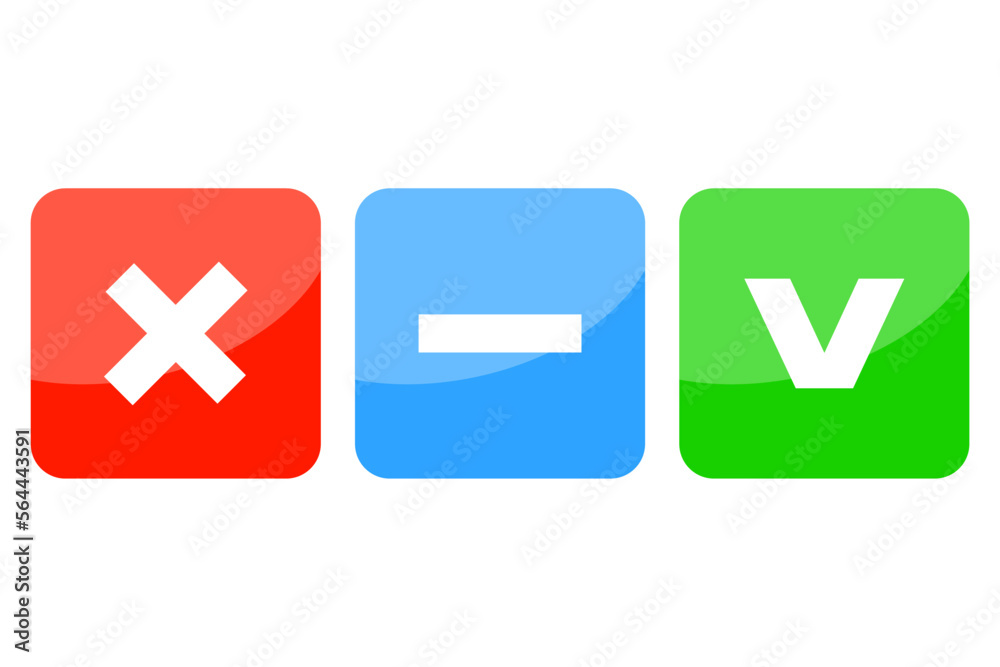 Plus, minus, tick. Plus, minus, check mark. Vector illustration. Stock ...