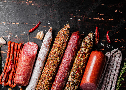 Assortment of various aromatic salami sausages. 