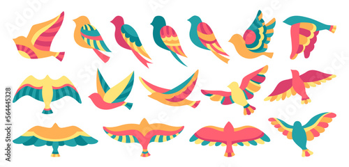 Bird with abstract graphic ornament cartoon set. Hand drawn flat colored modern trendy fowl or sparrow, dove pigeon illustration. Cute colorful various birds comic simple songbirds design element