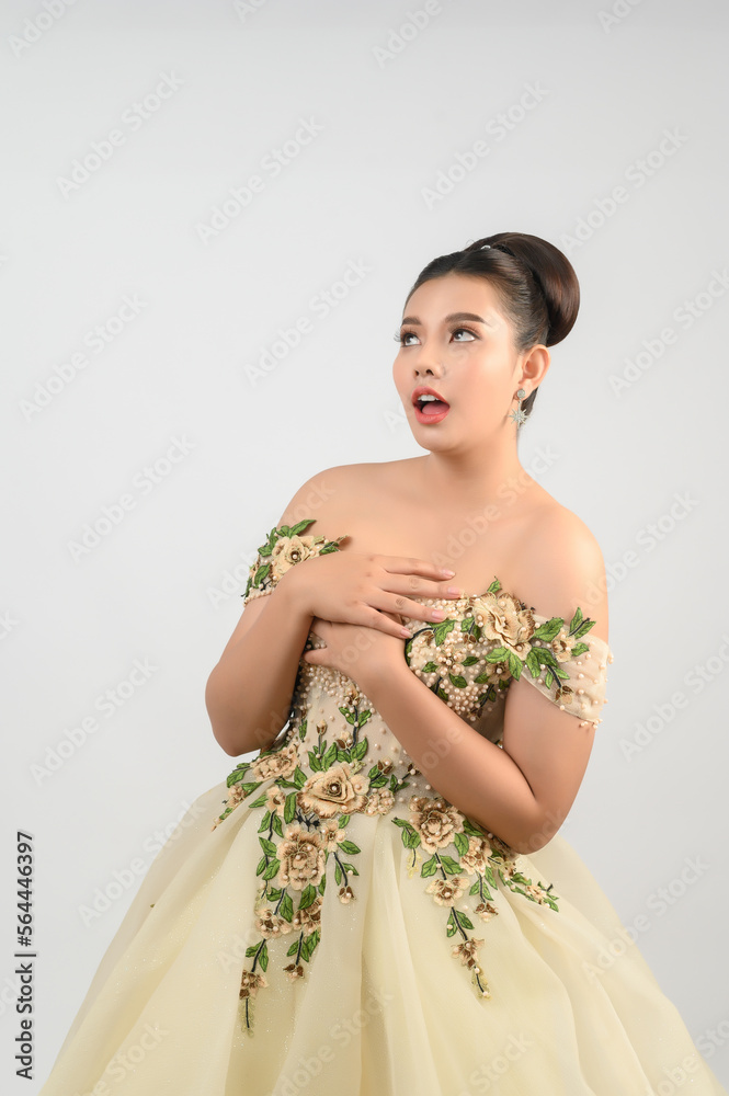 Young asian beautiful bride pose with excited feel on white background Young asian beautiful bride pose with excited feel on white background