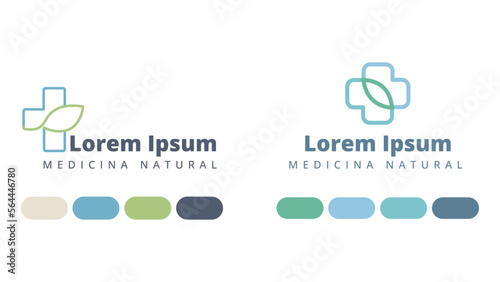 Logos con temática de medicina natural. Logotipo de medicina. Diseño de logos. Plantilla de logos. Paleta de colores naturales. Naturaleza. Logo con figura cruz. Cruz de medicina. Logo con hojas.