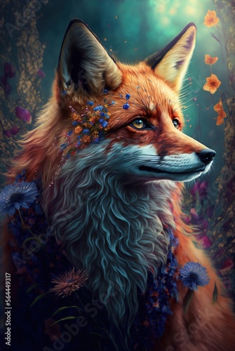 Inquisitive and cunning red fur fox in meadow of colorful spring fantasy flowers in bloom. Curious and graceful wild beauty with intelligent piercing eyes - generative AI illustration. © SoulMyst