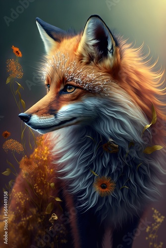 Inquisitive and cunning red fur fox in meadow of colorful spring fantasy flowers in bloom. Curious and graceful wild beauty with intelligent piercing eyes - generative AI illustration. © SoulMyst