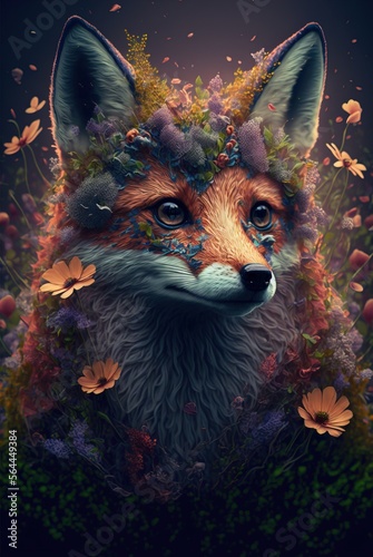 Inquisitive and cunning red fur fox in meadow of colorful spring fantasy flowers in bloom. Curious and graceful wild beauty with intelligent piercing eyes - generative AI illustration.
