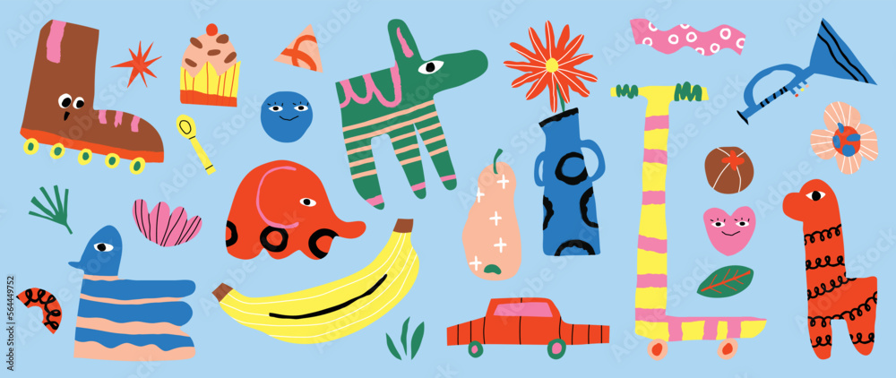 Set of doodle element vector illustration. Hand drawn vibrant color icon collection of abstract shape comic character, elephant, cupcake, car. Design for comic, logo, tattoo, sticker, decoration. Set of doodle element vector illustration. Hand drawn vibrant color icon collection of abstract shape comic character, elephant, cupcake, car. Design for comic, logo, tattoo, sticker, decoration.