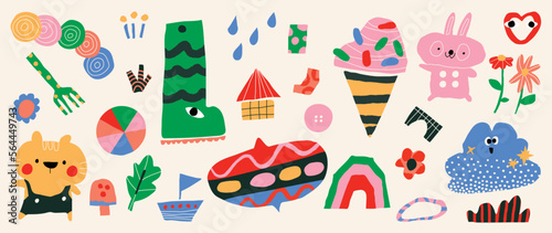 Set of doodle element vector illustration. Hand drawn vibrant color icon collection of abstract shape, cute cat, ice cream, rabbit, flower, fork. Design for comic, logo, tattoo, sticker, decoration.