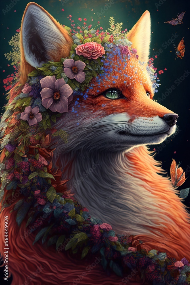 Inquisitive and cunning red fur fox in meadow of colorful spring fantasy flowers in bloom. Curious and graceful wild beauty with intelligent piercing eyes - generative AI illustration.