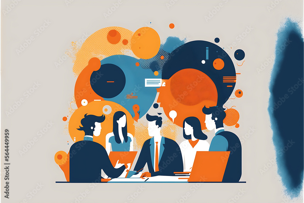 Flat vector illustration design business creative process and business team meeting for brainstorming concept blue, orange, white background




