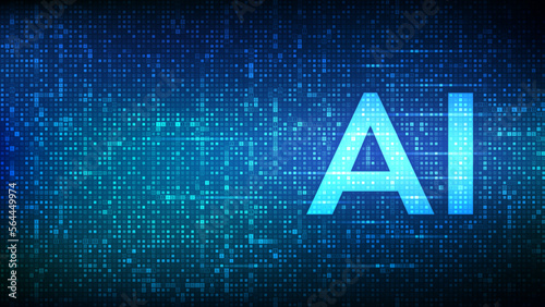 AI. Artificial intelligence. Letters AI made with binary code. Machine learning technology. Binary data and streaming digital code background. Matrix background with digits 1.0. Vector illustration.
